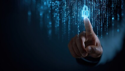 A hand points at a glowing padlock icon overlaid with binary code