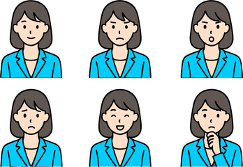 Vector illustration set of young working woman with multiple facial expressions, office suit character emotions, business female avatar icons for communication and presentation design.