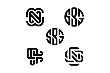 Five black and white monogram logos on a white background in a group design
