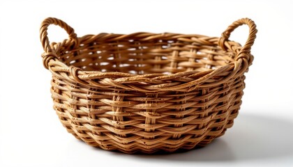 Obraz premium ultra sharp isolated storage basket built from dried fern fibers, detailed with rustic rough texture, offering treated with natural resins, shown on bright white with minimal shadow.