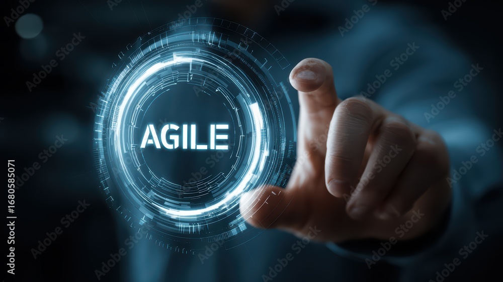 Poster closeup of a person demonstrating agile development methodology concept in virtual reality, hightech