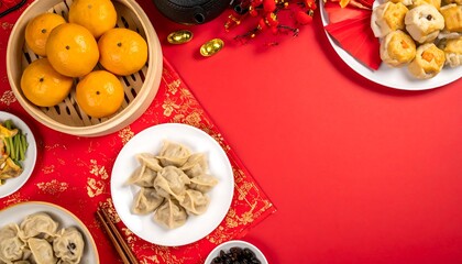 Festive food arrangement on red background; dumplings, tangerines, and other dishes