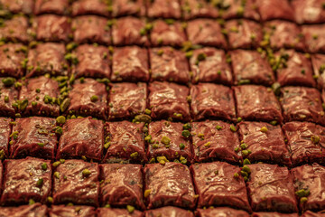 Chocolate flavoured baklava sweets, in a Turkish market in Istanbul