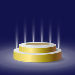 Golden round podium with spotlight beams on dark blue background, luxury stage design for award, event, or product presentation.