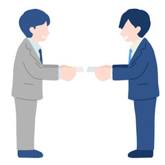 名刺交換をするスーツのビジネスパーソン[男性]2人のフラットなイラスト
