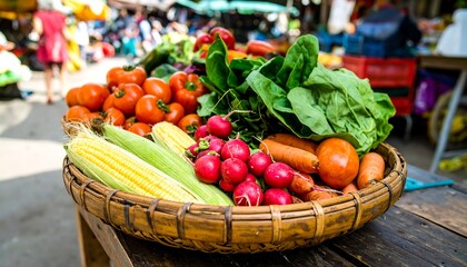 Fresh produce in a woven basket at a market