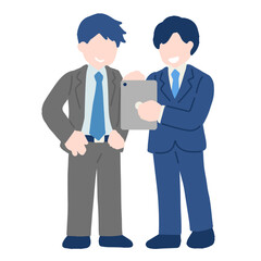 Obraz premium タブレットを見ながら話すスーツのビジネスパーソン[男性]2人のフラットなイラスト 