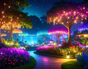 Magical glowing garden at night