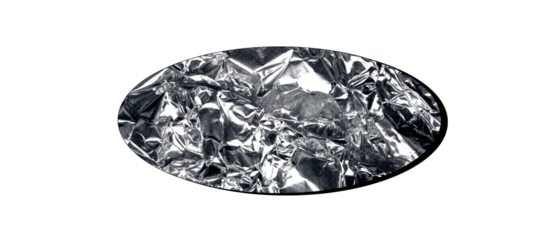 An oval shape filled with crumpled silver foil, reflecting light and creating a textured, metallic surface.
