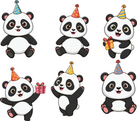 Cute panda birthday party clipart set, cartoon panda with gift box, adorable animal illustration for kids, invitations, stickers, celebration design