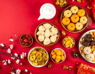 Festive food arrangement on red background