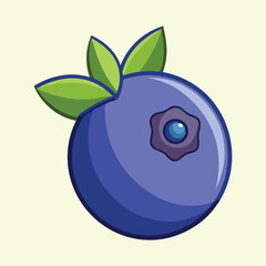 A single cartoon blueberry with green leaves on a pale yellow background