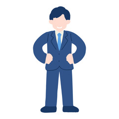 両手を腰にあてて立つスーツのビジネスパーソン[男性]のフラットなイラスト
