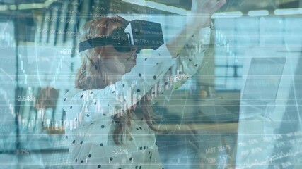 Animation of caucasian businesswoman analyzing data through virtual reality simulator in office - Powered by Adobe