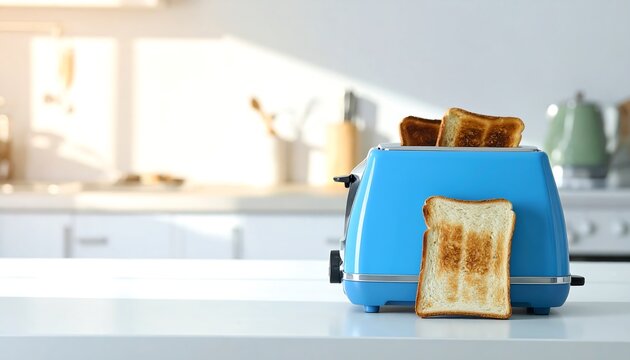 A vibrant blue toaster sits on a white kitchen countertop, showcasing toasted bread slices against a blurred backdrop of a bright, modern kitchen. - Powered by Adobe