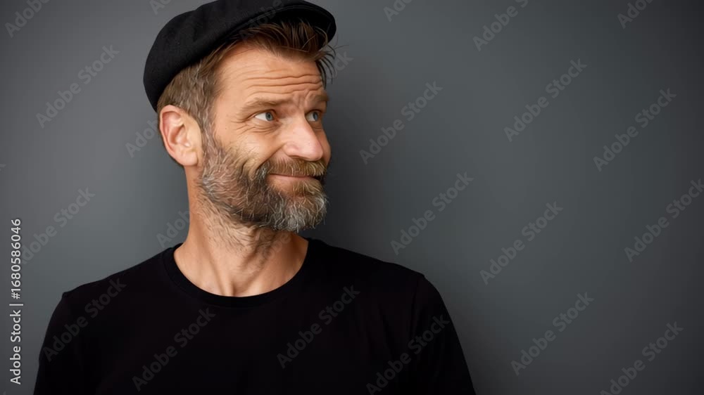 Poster man with a beard and cap transitions from a thoughtful expression to a playful smile, showcasing a r