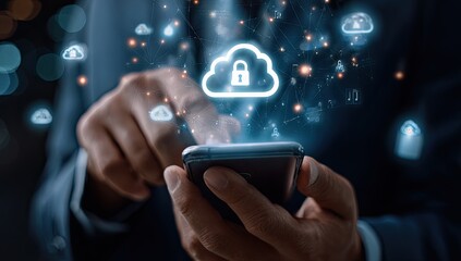 Close-up of hands holding a phone, with a cloud security icon overlay