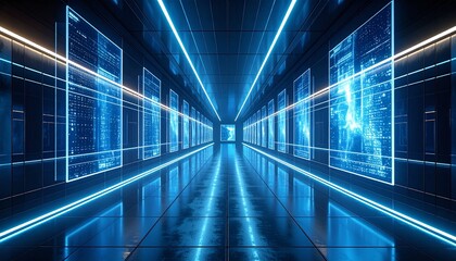 Floating translucent panels aligned in symmetry, each glowing with responsive interactive visuals and sleek futuristic texture,