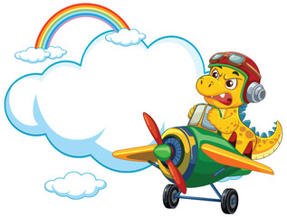 Cartoon Dinosaur Pilot Flying Airplane Near Rainbow and Clouds