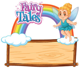 Fairy Sitting on Cloud with Rainbow and Wooden Sign