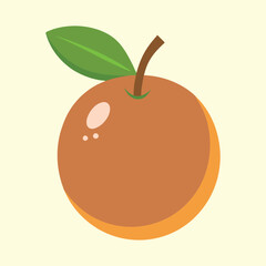 Cartoon illustration of a ripe peach with a leaf and stem