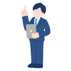 タブレットを持ちながら指をさすスーツのビジネスパーソン[男性]のフラットなイラスト
