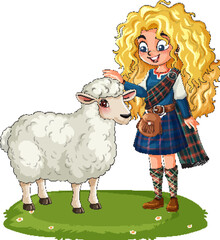 Scottish Girl Petting Sheep on Grassy Field