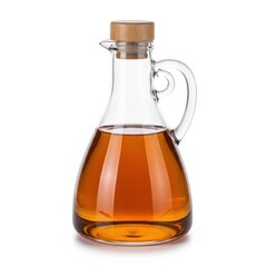 Glass bottle with handle filled with amber liquid, isolated on white background
