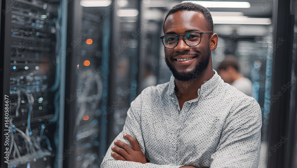 Poster smiling it professional managing servers in a data cnter environment