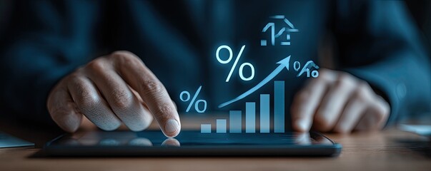 Person interacts with a tablet displaying financial growth graphs