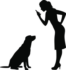Silhouette of woman training dog with hand gesture, showing pet obedience, dog training, and strong human-animal bond concept.