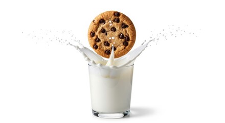 Chocolate chip cookie splashing into a glass of milk isolated on white background