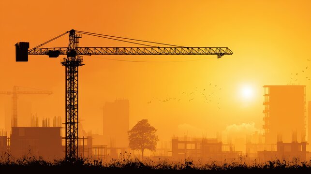 Sunset Skyline Silhouetted by Construction Cranes at Dusk, Perfect for Business and Industrious Projects Inspiring Energy and Progress.