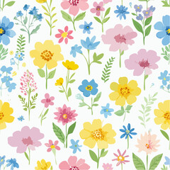 Seamless watercolor floral pattern with hand-painted wildflowers and leaves. Soft pink, yellow, and blue blossoms.