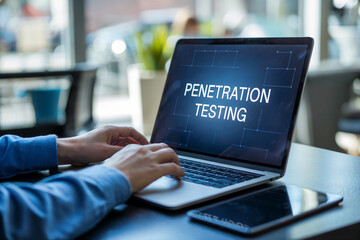 Person's hands typing on a laptop displaying penetration testing computer technology