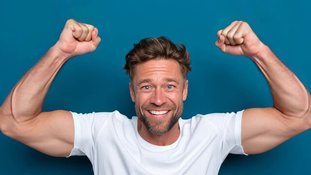 Energetic man expressing joy and excitement with raised fists, showcasing a vibrant emotional progression, transitioning from a cheerful smile to an exuberant celebration against a vivid blue backdrop