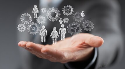 Businessman Illustrating People as Cogs in a Complex Machine, Ideal for Empowering Corporate Campaigns or Visual Representations of Teamwork and Collaboration.