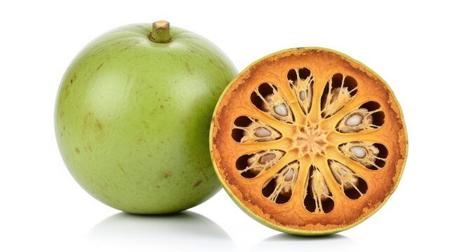 Whole and halved bael fruit isolated on white background