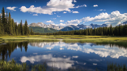Breathtaking view of a mountain range with a spruce forest on a sunny day.