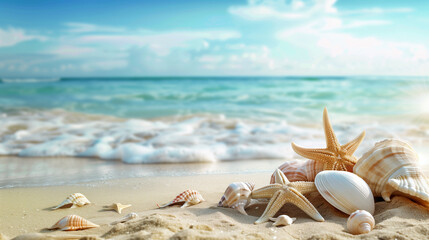 starfish and seashell on the summer beach in sea water.