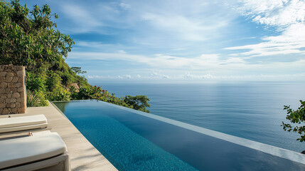 Luxury swimming pool in the tropical hotel or resort. Palm trees and infinity pool close to lounge chairs and umbrellas.