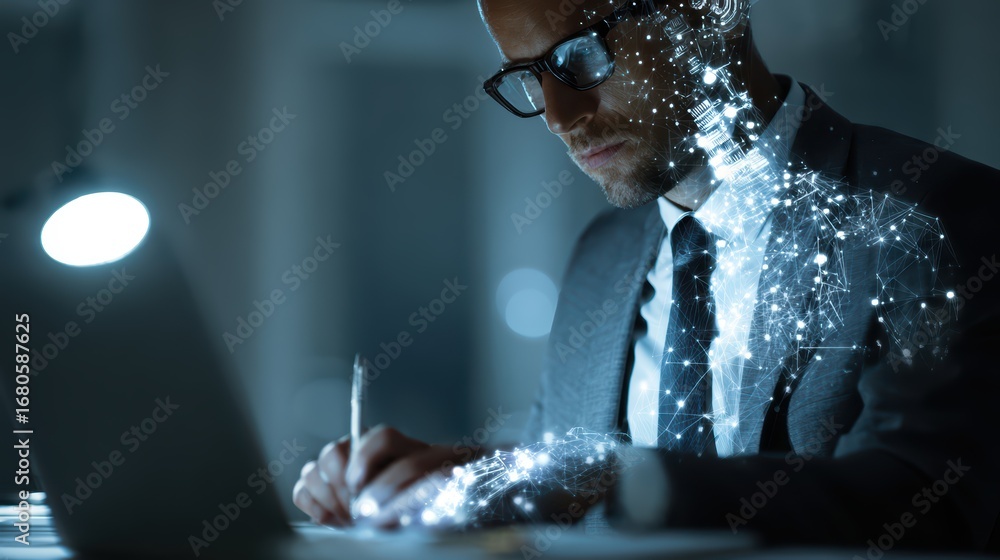 Poster a dynamic businessman engrossed in artificial intelligence innovation, perfect for hightech and forw