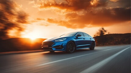 Breathtaking Sunset Scene A Vibrant Blue Car Cruising Down an Asphalt Road, Ideal for HighEnergy Campaigns and Inspiring Creativity.