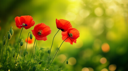 meadow with red poppies blue sky in the background