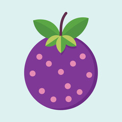 Stylized Purple Fruit Illustration with Green Leaves and Pink Dots on Light Blue