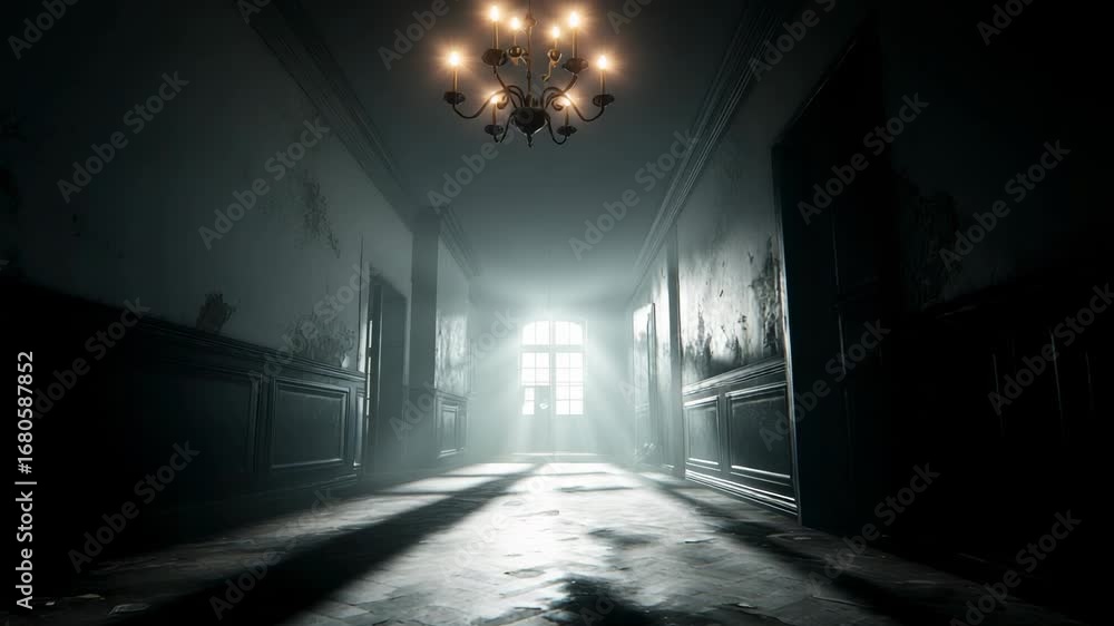 Poster mysterious corridor with dim light and shadows, inviting exploration of a forgotten space