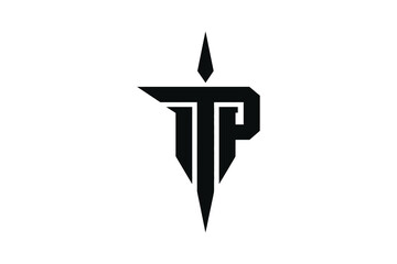 A logo of the letters tp with a dagger point on top in black and white design