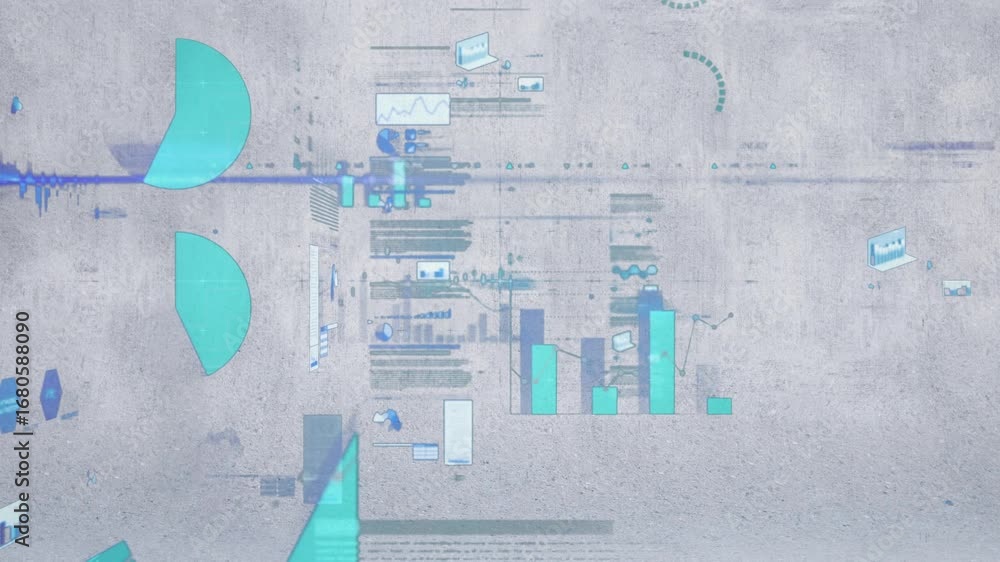 Aufkleber animation of bar graph, pie charts, financial data zooming on computer graphic interface