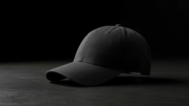 Blank black baseball cap resting on a dark, textured surface with a black background.