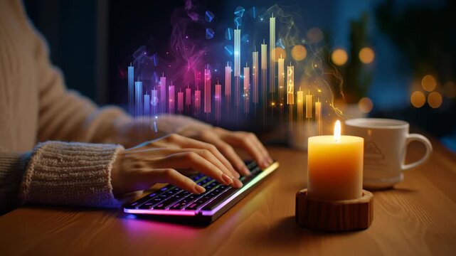 Productivity in a cozy workspace with candlelight.